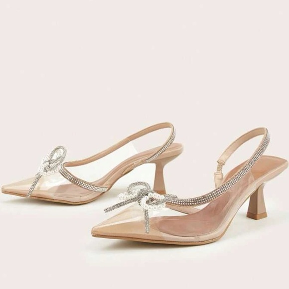 Pearl & Rhinestone Bow Decor Clear Point Toe Heeled Pumps PVC Slingback Pumps - Picture 3 of 5